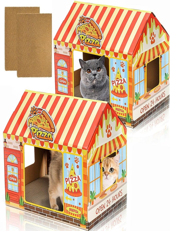 Tlence 2 Pack Cardboard Cat Houses with Scratcher, 16.5''x12.25''x15'' Cat Hideaway Playhouse, Kitty Scratching Beds for Indoor Cats, Pizza Shop Cat Furniture Condo Cave Tent for Bunny Small Animals - Image 1